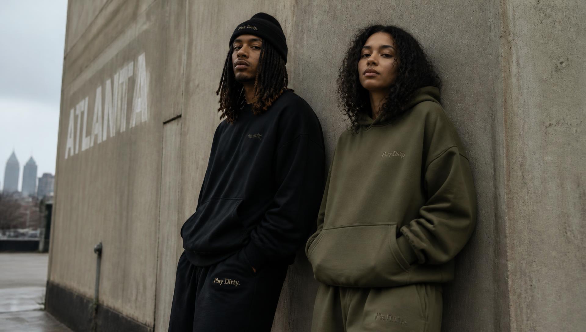 Two models wearing Clovis Casuals hoodies against a concrete wall in Atlanta